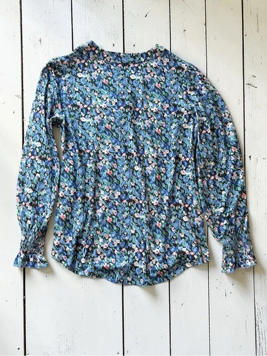 Fantaslook Blue Floral Jersey Knit Blouse Medium Stretch Smocked Sleeve Boho Top - Picture 3 of 6